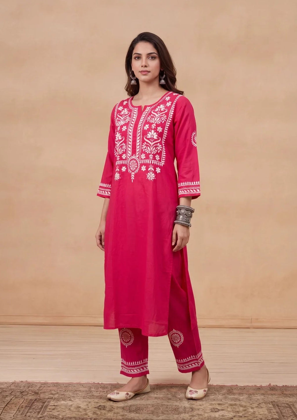 HOC Soha Cotton Chikankari Solid Women's 2 PC Long Kurta Set - Fuchsia Pink