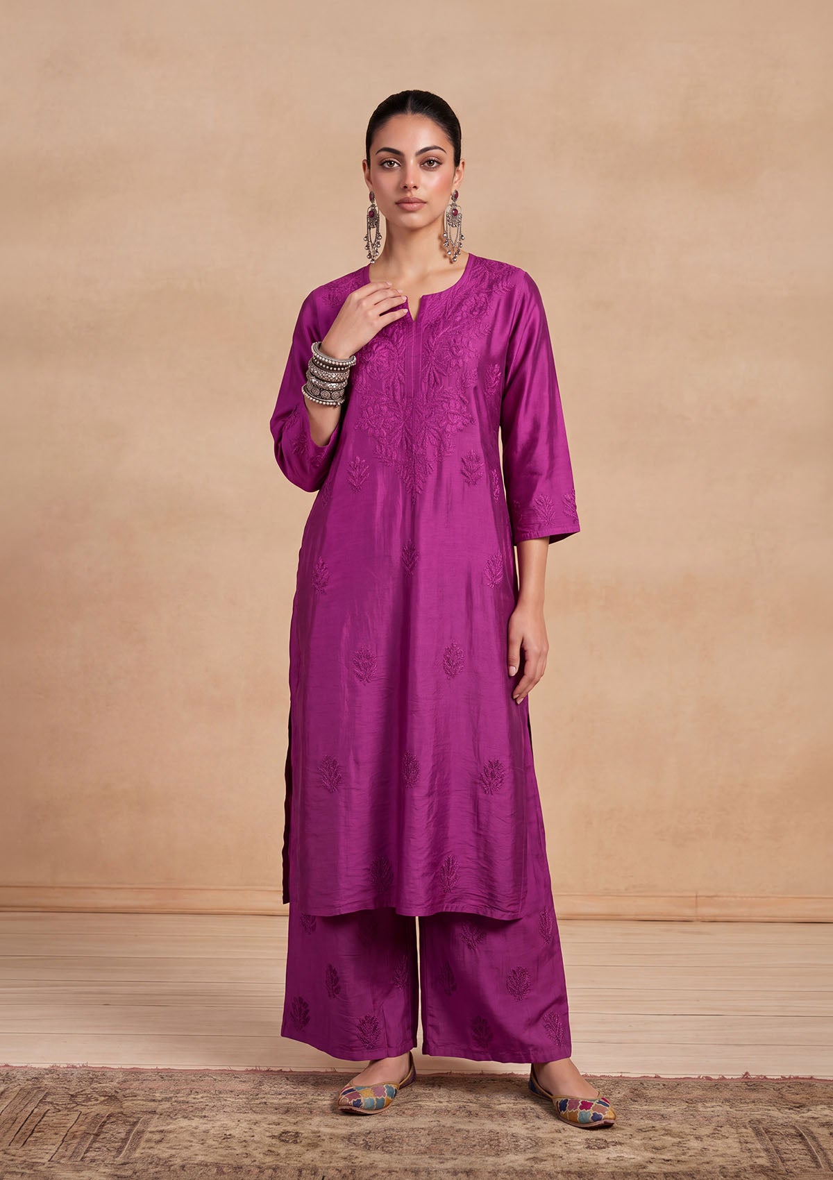 HOC Chanderi Chikankari Solid Women's 2 PC Long Kurta Set - Purple