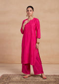 HOC Chanderi Chikankari Solid Women's 2 PC Long Kurta Set - Fuchsia Pink