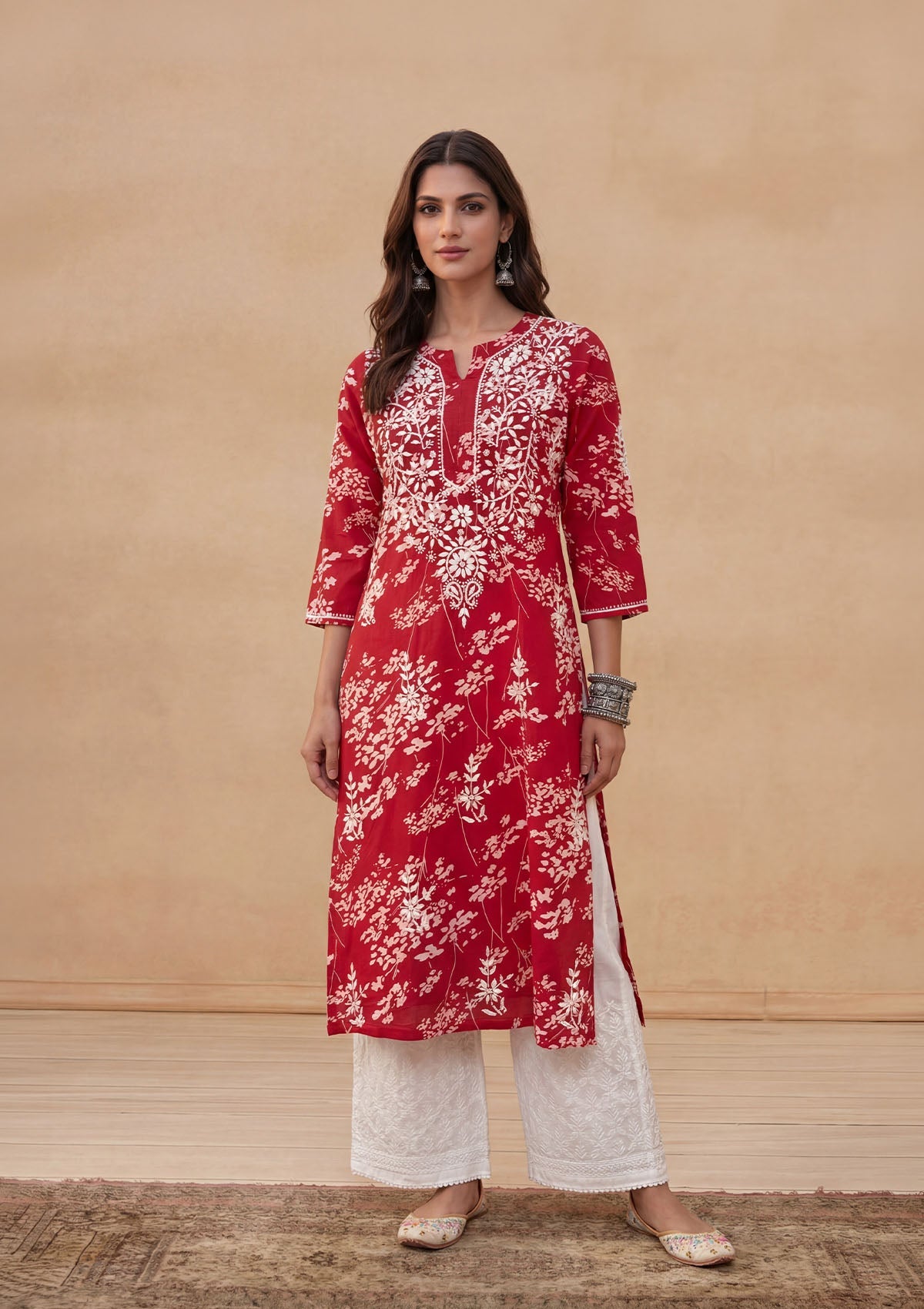 Zainab Mulmul Chikankari Printed Straight Kurta - Red