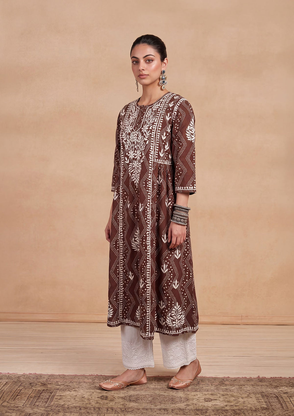HOC Jugni Mulmul Chikankari Printed Women's Gown - Brown
