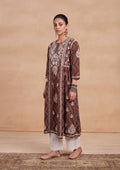 HOC Jugni Mulmul Chikankari Printed Women's Gown - Brown