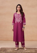 HOC Soha Cotton Chikankari Solid Women's 2 PC Long Kurta Set - Maroon