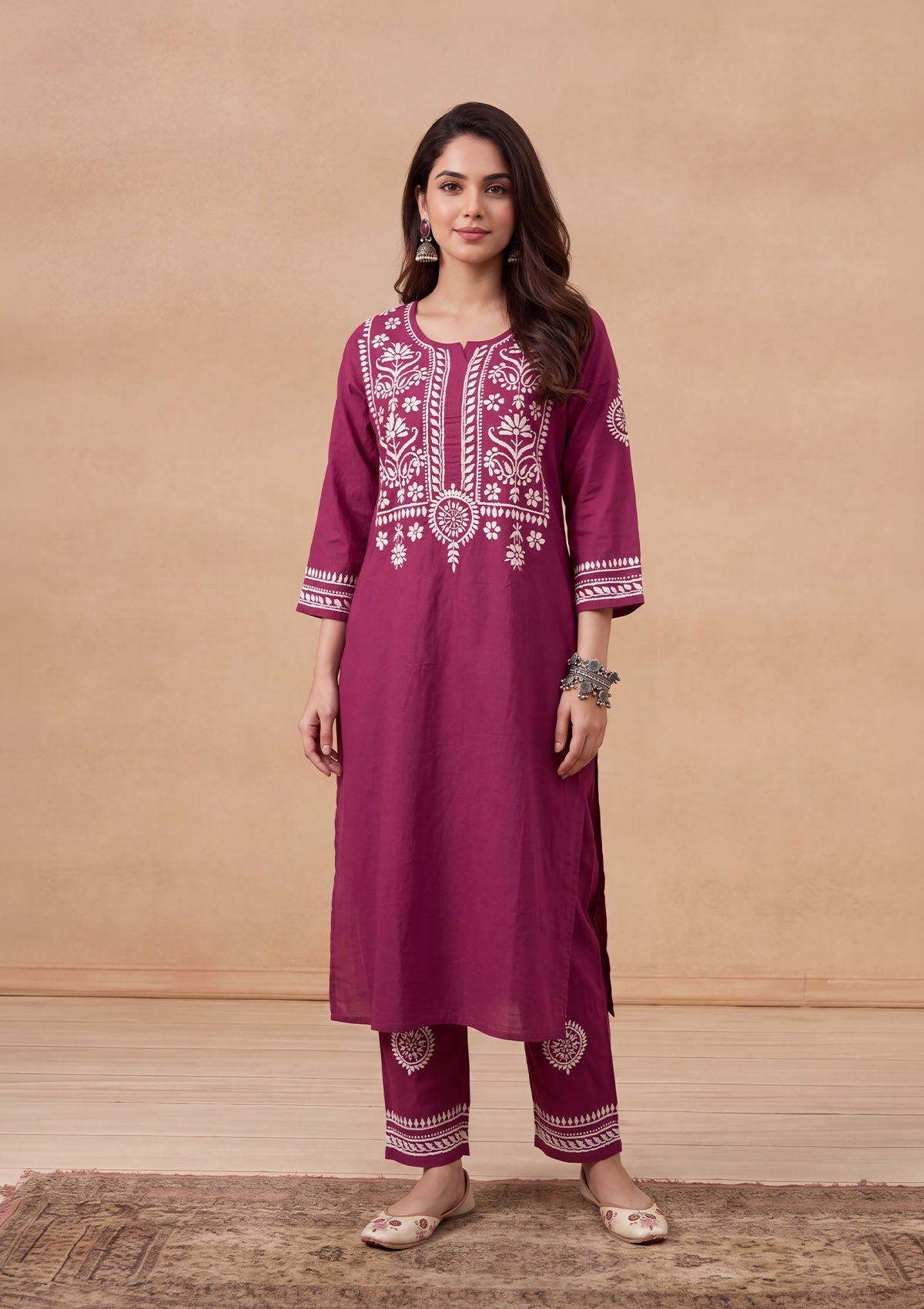 HOC Soha Cotton Chikankari Solid Women's 2 PC Long Kurta Set - Maroon