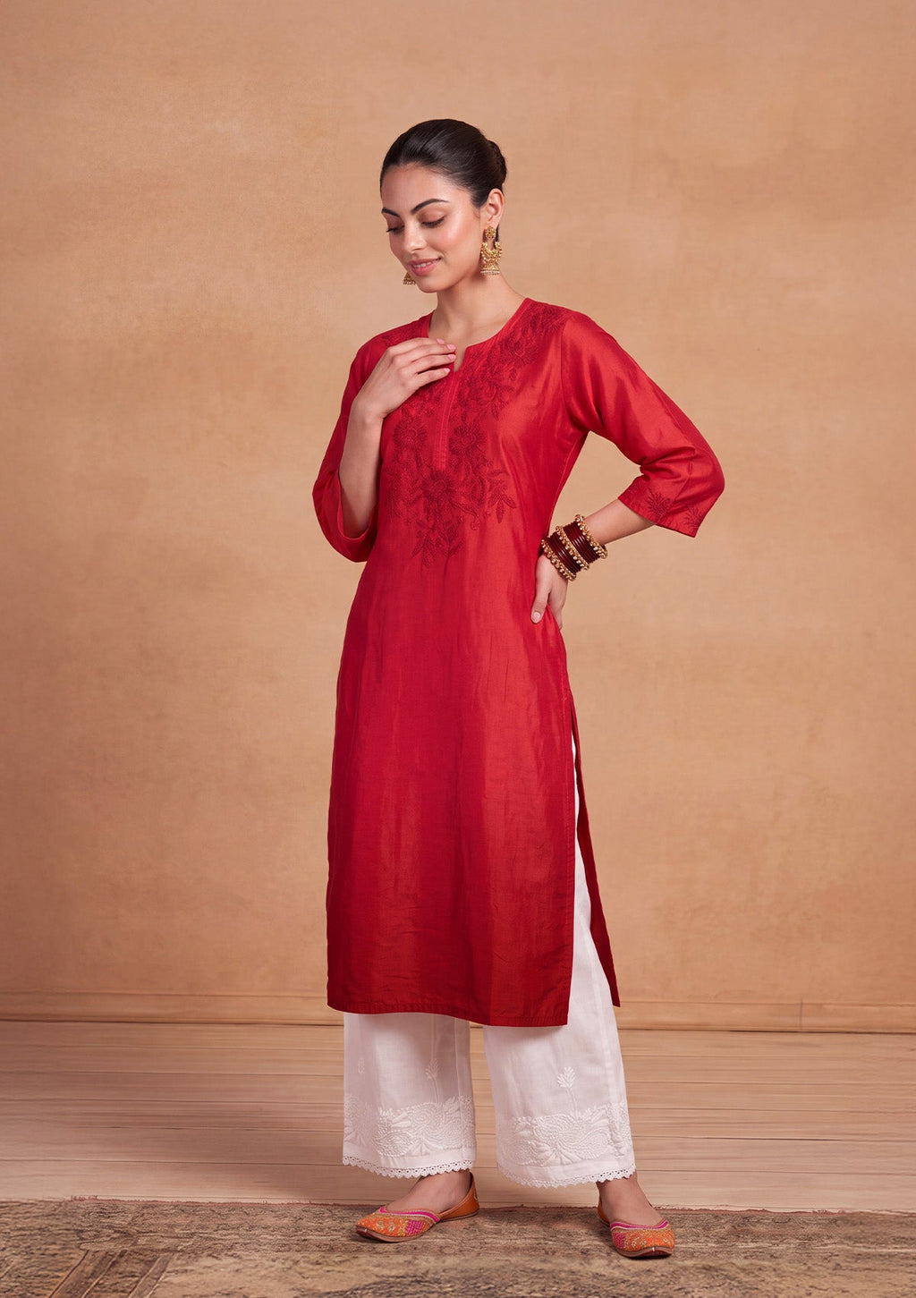 HOC Chikankari Ombre Women's Long Kurta -Red