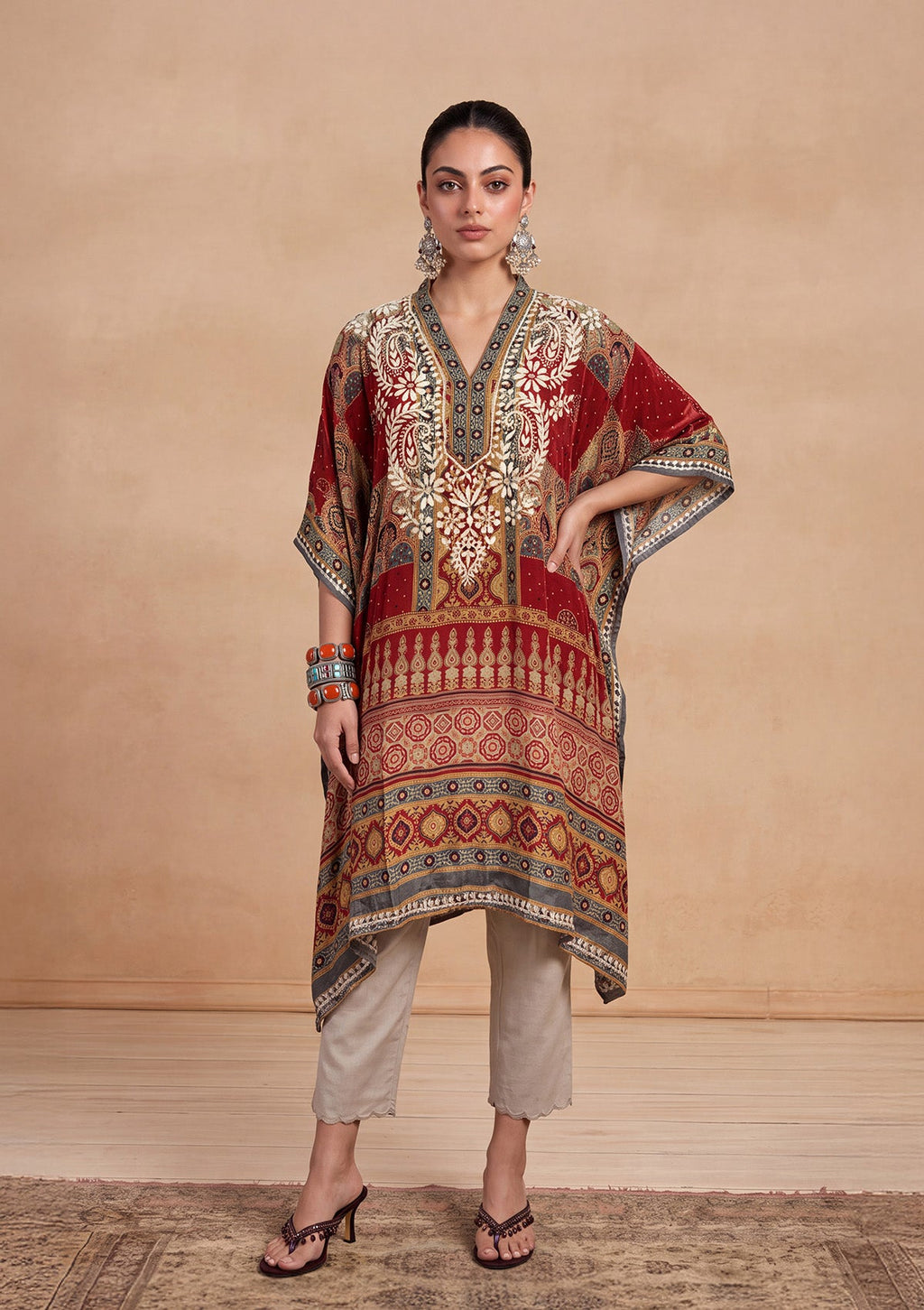HOC Crepe Chikankari Printed Straight Women's Short Kaftan-Rust