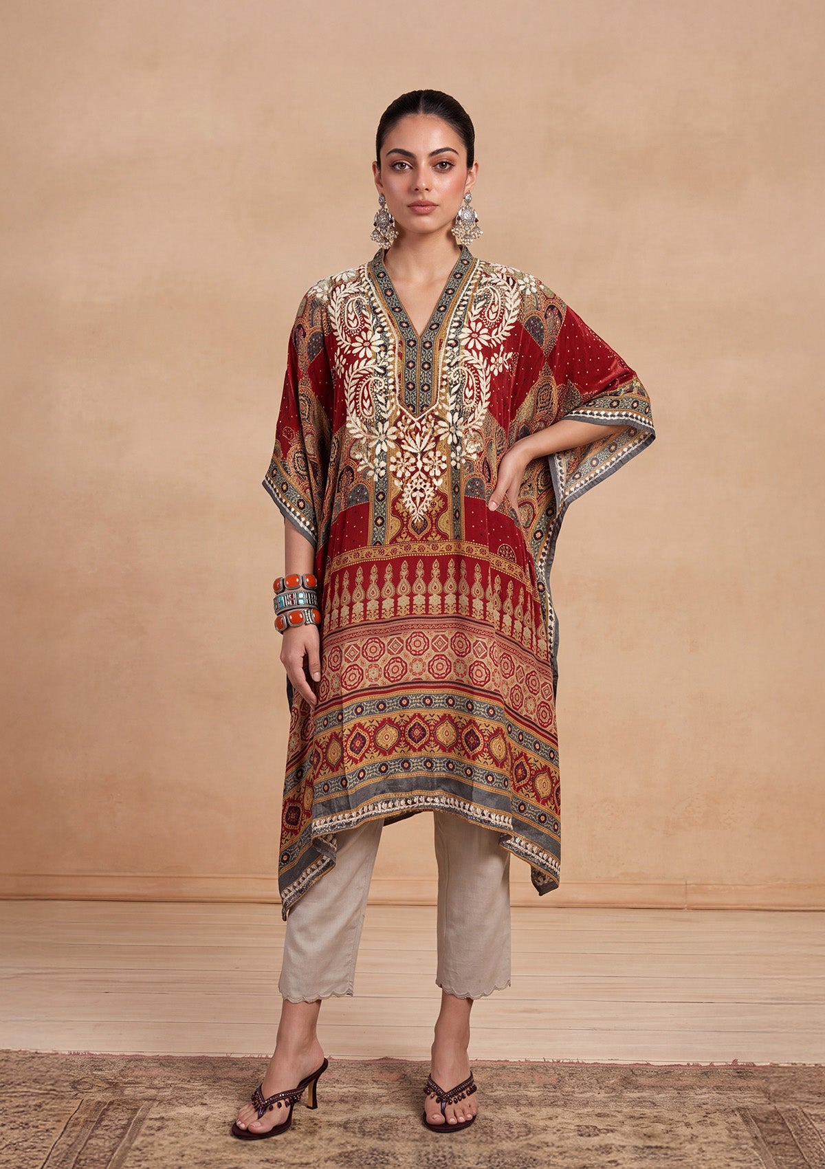 HOC Crepe Chikankari Printed Straight Women's Short Kaftan-Rust