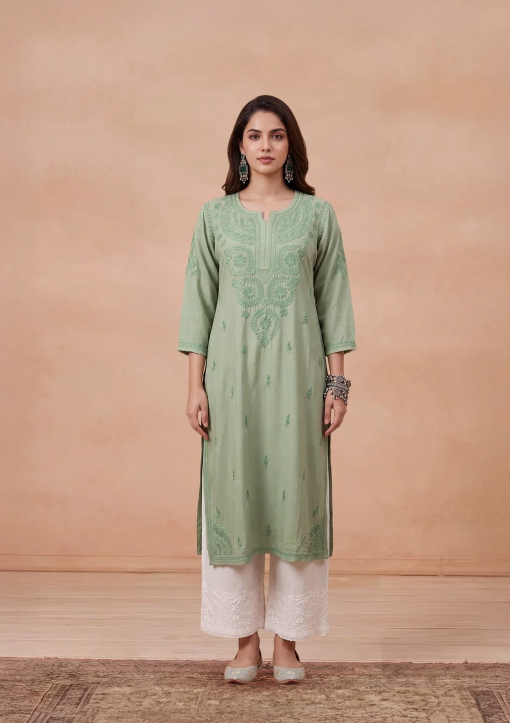 HOC Rayon Chikankari Solid Women's Long Kurta - Jade Green