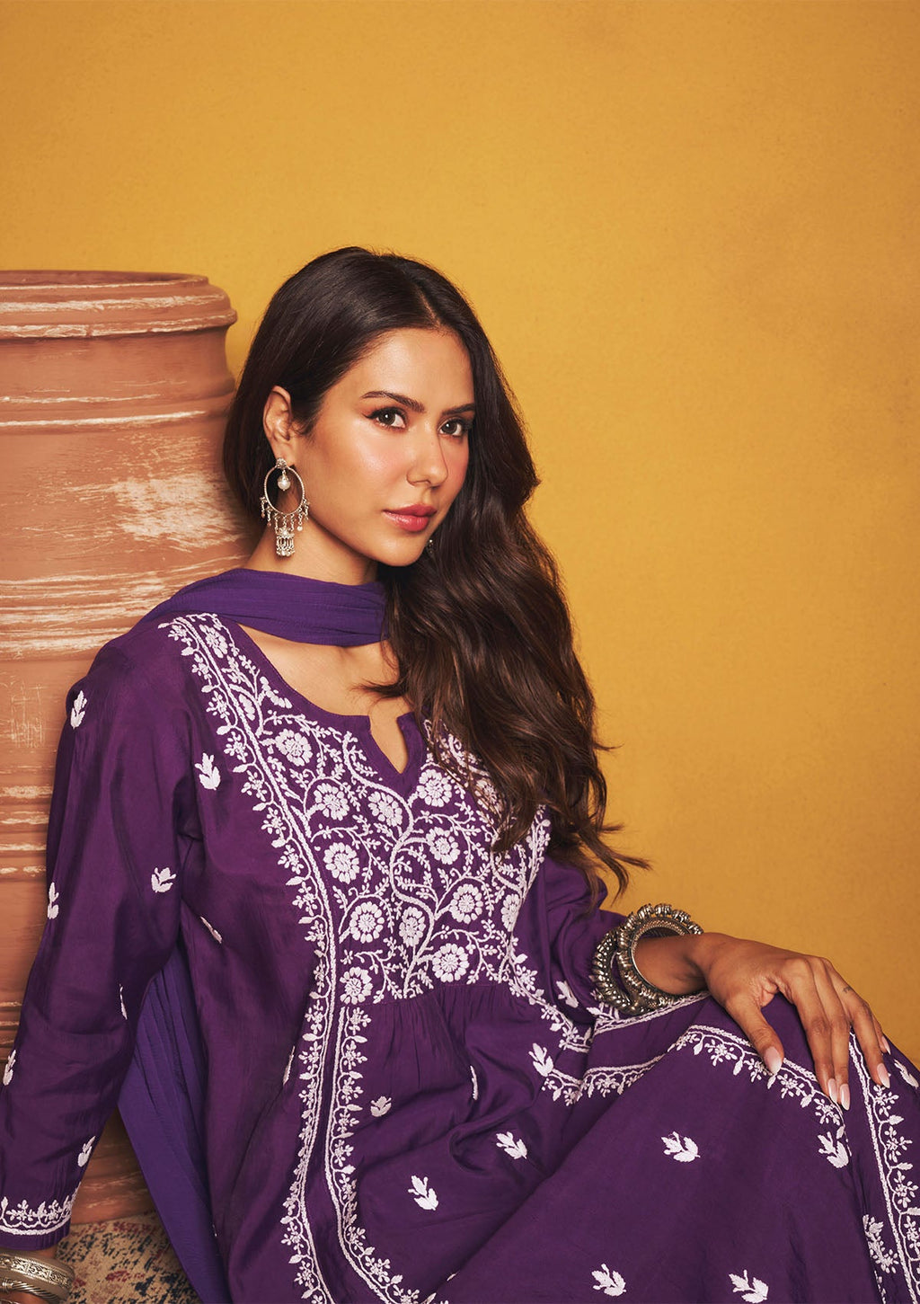 Sonam Purple Chanderi Chikankari Kurta Set With Dupatta