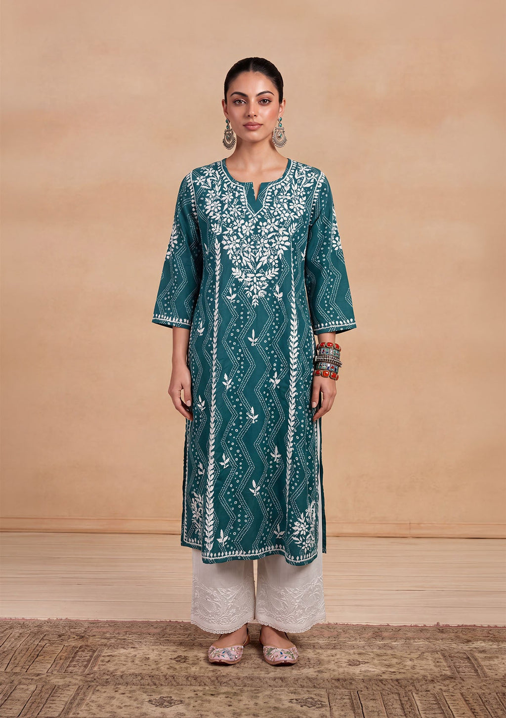 HOC Jugni Mulmul Chikankari Printed Women's Long Kurta - Teal