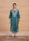HOC Jugni Mulmul Chikankari Printed Women's Long Kurta - Teal