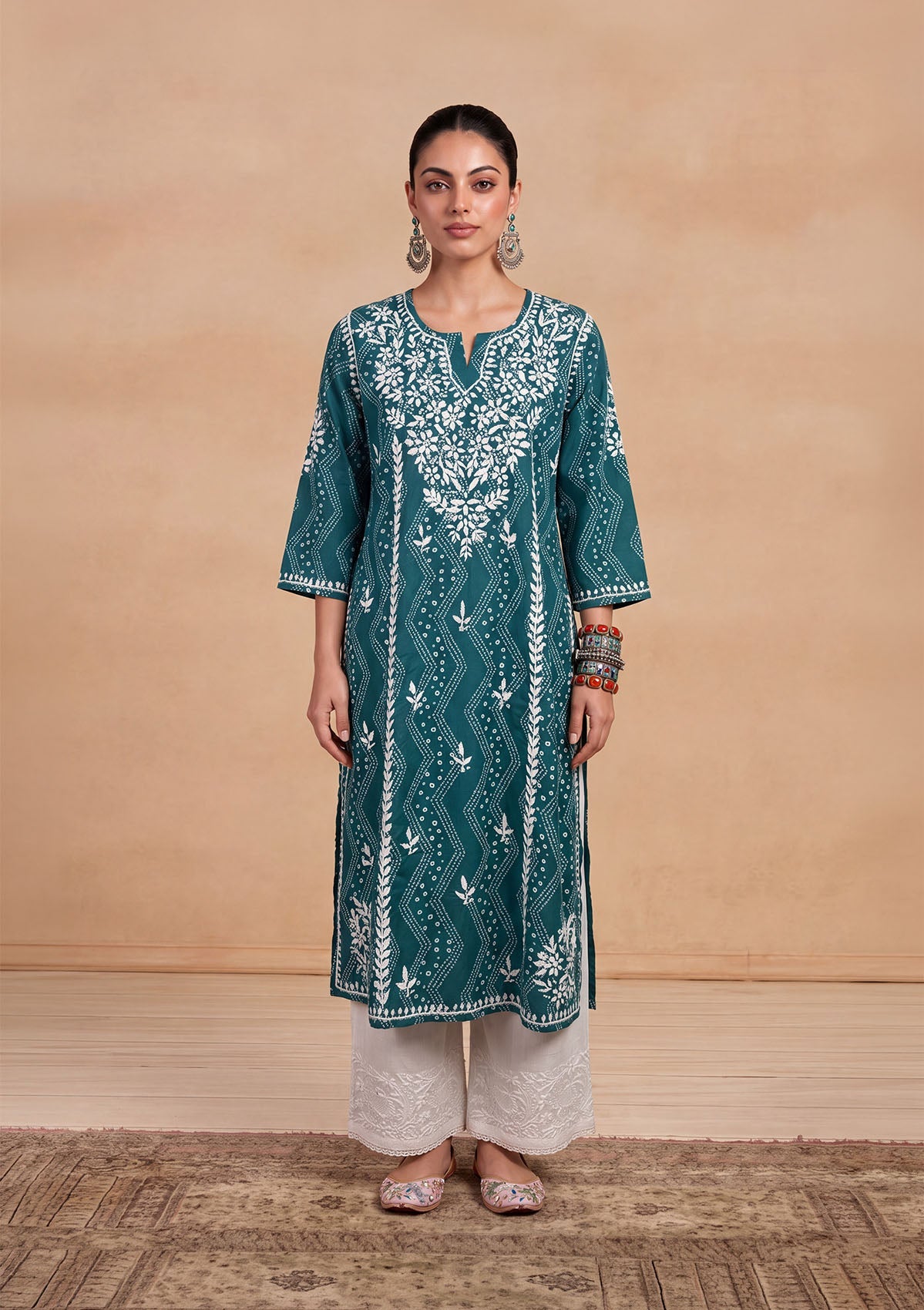 HOC Jugni Mulmul Chikankari Printed Women's Long Kurta - Teal