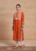 HOC Women Orange Chanderi Chikankari Kurta