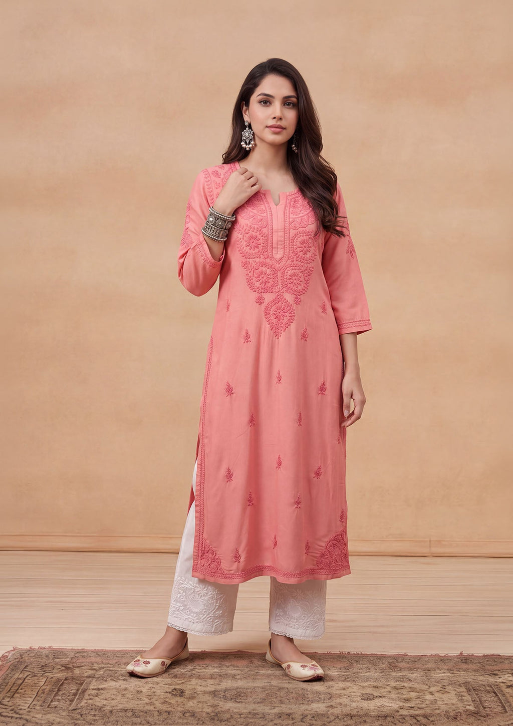 HOC Rayon Chikankari Solid Women's Long Kurta - Light Pink
