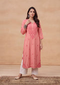 HOC Rayon Chikankari Solid Women's Long Kurta - Light Pink