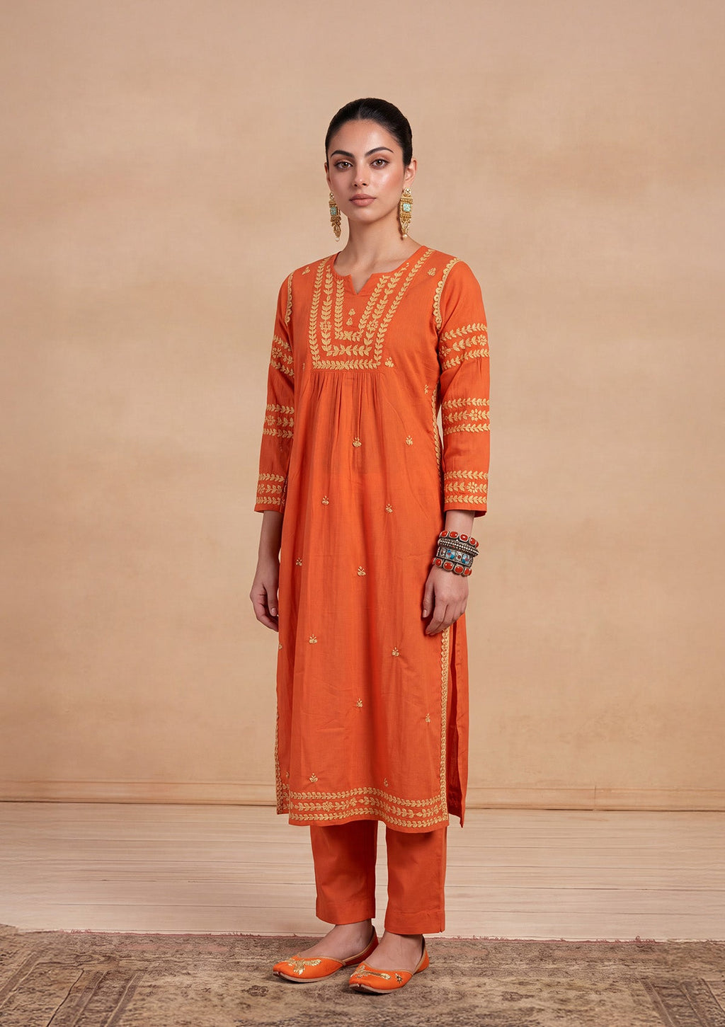 HOC Adila Chikankari Solid Women's Long Kurta - Orange