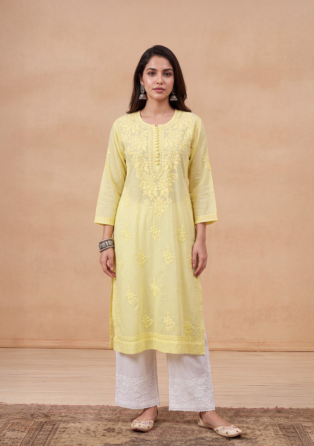 HOC Women Yellow Cotton Chikankari Kurta