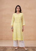 HOC Women Yellow Cotton Chikankari Kurta