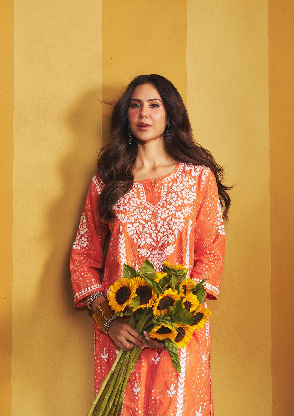 Sonam Orange Chikankari Long Kurta