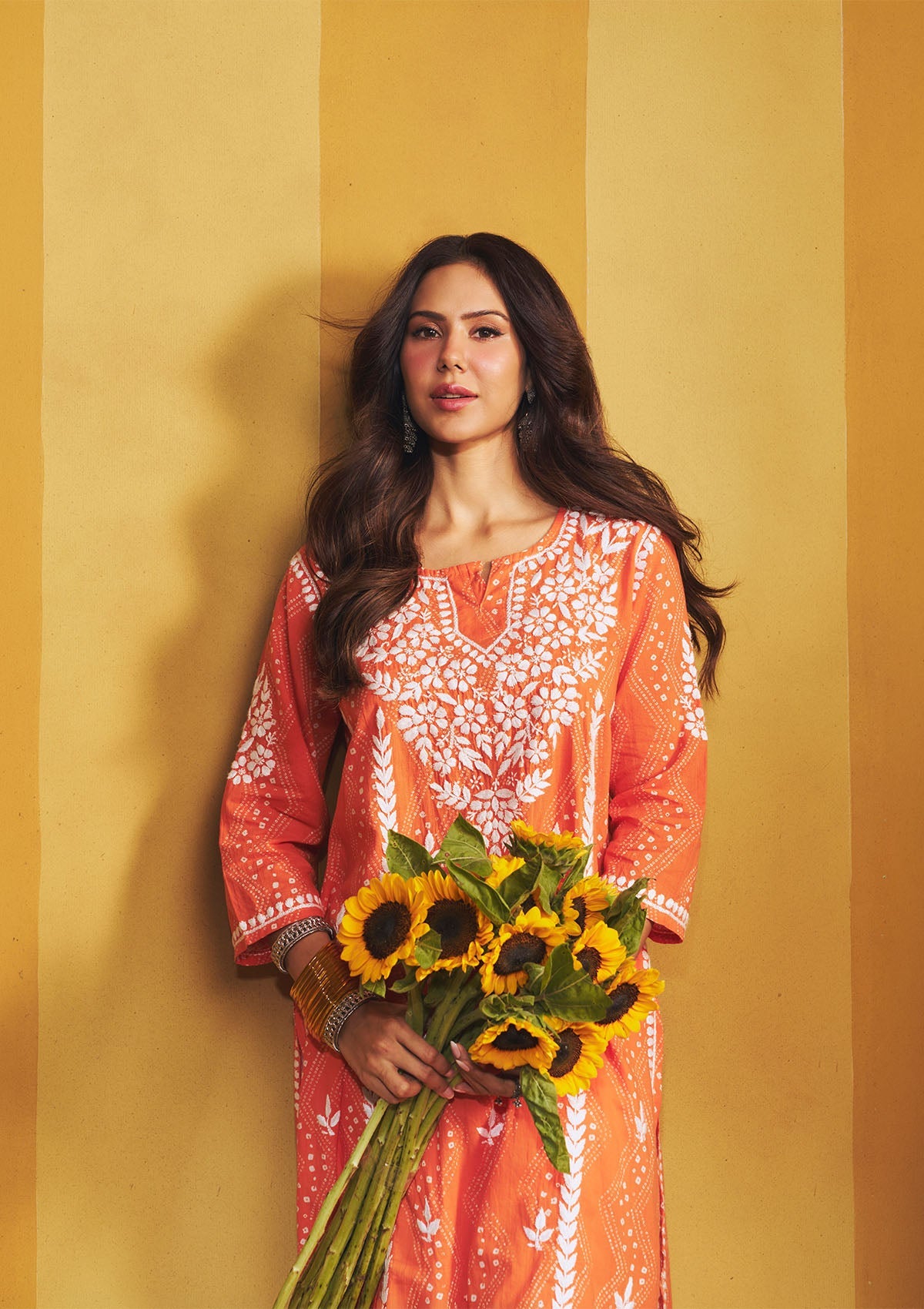 Sonam Orange Chikankari Long Kurta