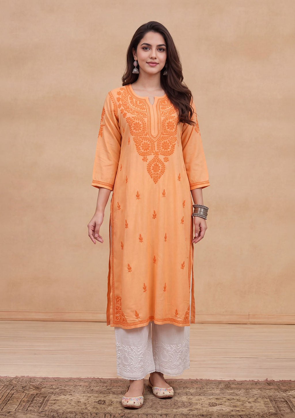 HOC Rayon Chikankari Solid Women's Long Kurta - Peach