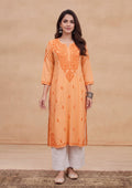 HOC Rayon Chikankari Solid Women's Long Kurta - Peach