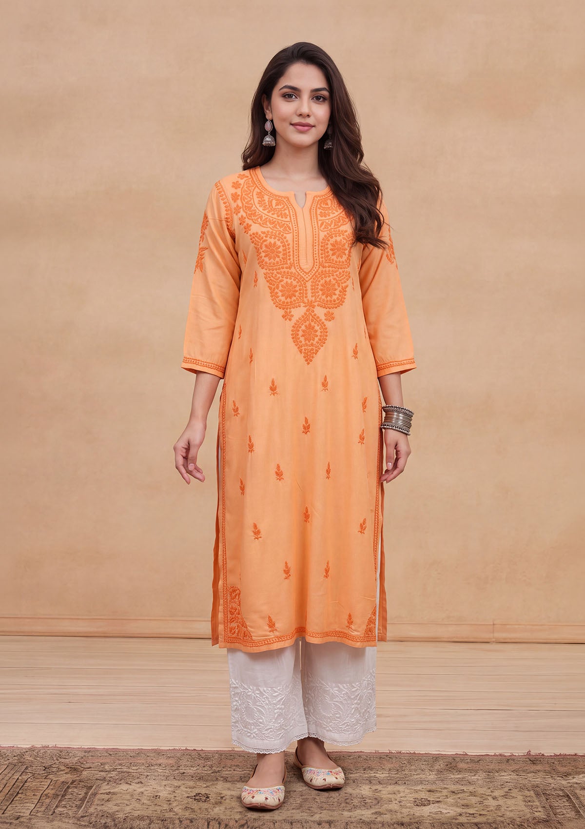 HOC Rayon Chikankari Solid Women's Long Kurta - Peach