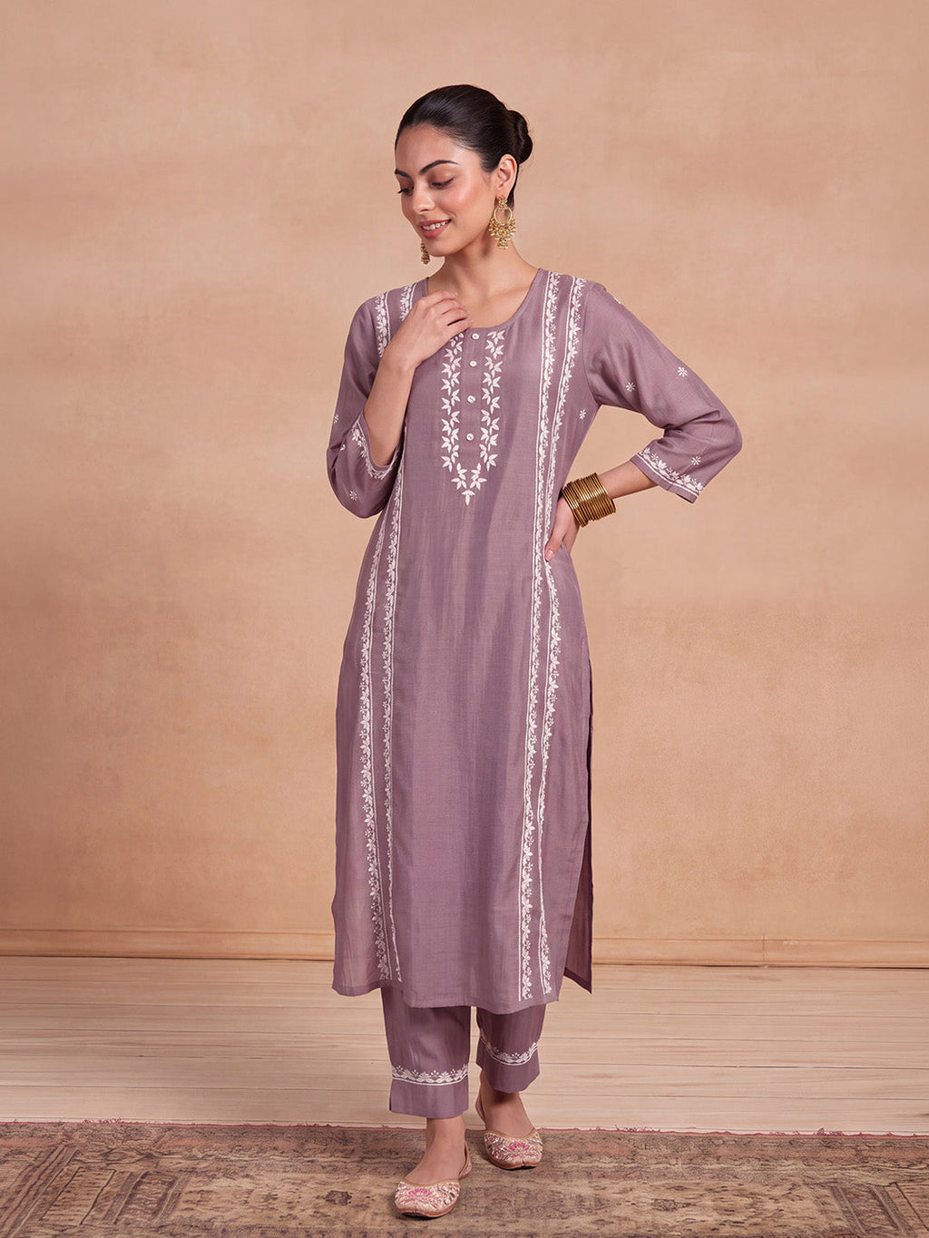 HOC Chanderi Chikankari Solid Women's 2 PC Long Kurta Set - Lavender