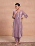 HOC Chanderi Chikankari Solid Women's 2 PC Long Kurta Set - Lavender