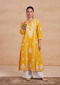 HOC Jugni Mulmul Chikankari Printed Women's Gown - Yellow