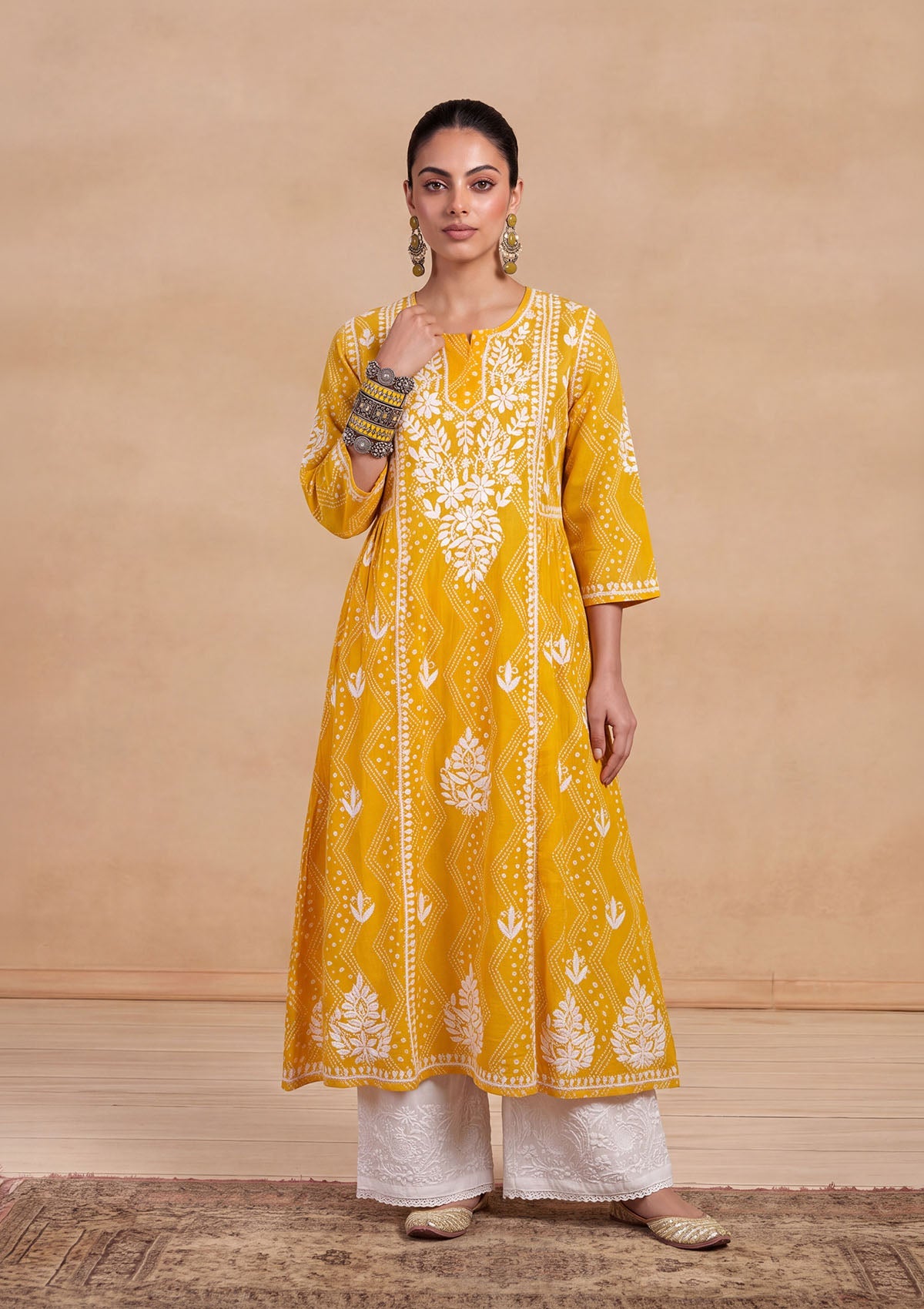 HOC Jugni Mulmul Chikankari Printed Women's Gown - Yellow