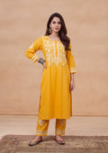 HOC Soha Cotton Chikankari Solid Women's 2 PC Long Kurta Set - Yellow