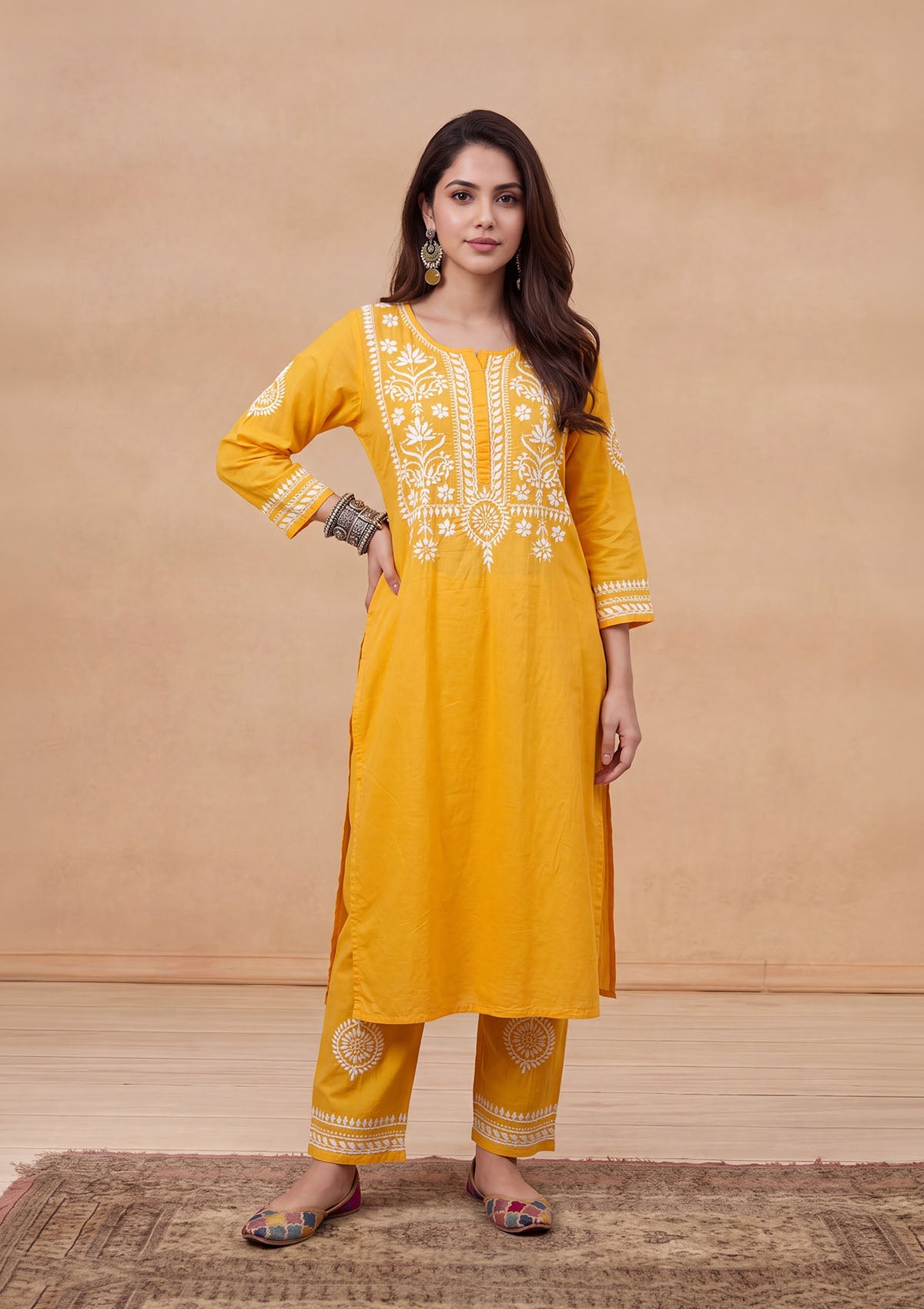 HOC Soha Cotton Chikankari Solid Women's 2 PC Long Kurta Set - Yellow