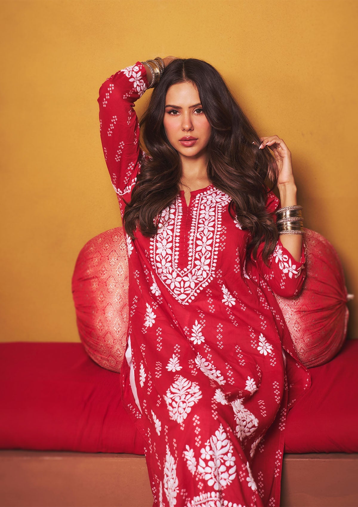 Sonam Red Mulmul Chikankari Kurta