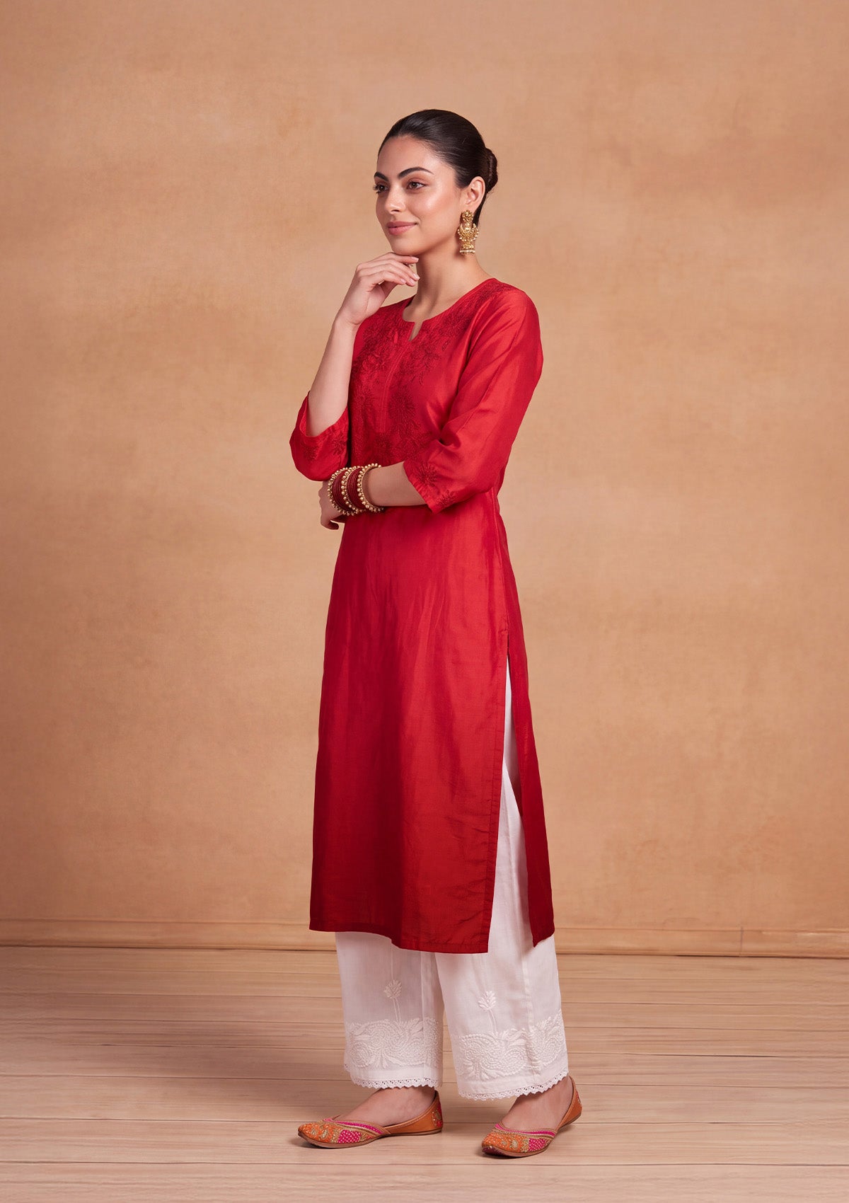 HOC Chikankari Ombre Women's Long Kurta -Red