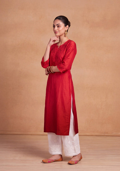 HOC Chikankari Ombre Women's Long Kurta -Red
