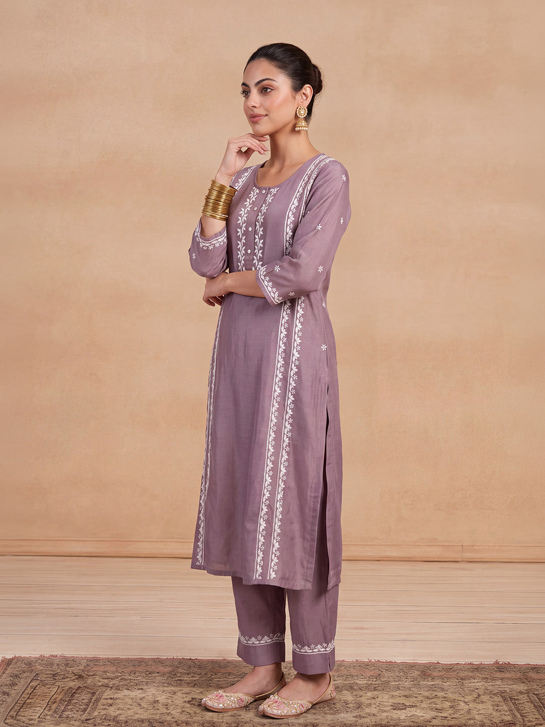 HOC Chanderi Chikankari Solid Women's 2 PC Long Kurta Set - Lavender