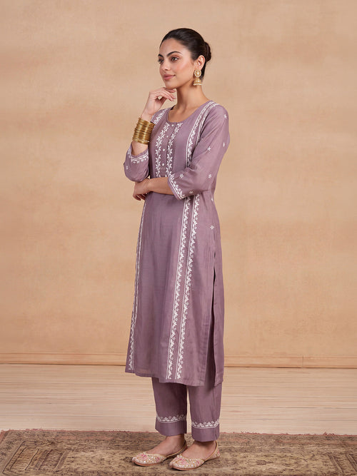 HOC Chanderi Chikankari Solid Women's 2 PC Long Kurta Set - Lavender