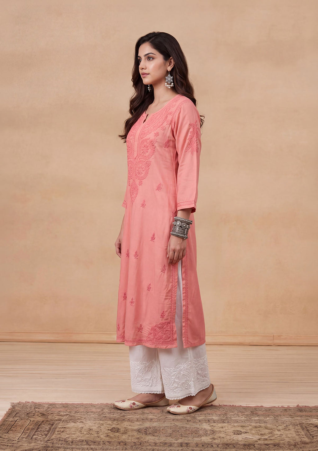 HOC Rayon Chikankari Solid Women's Long Kurta - Light Pink