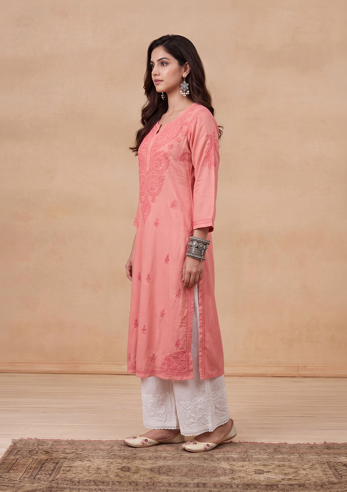HOC Rayon Chikankari Solid Women's Long Kurta - Light Pink
