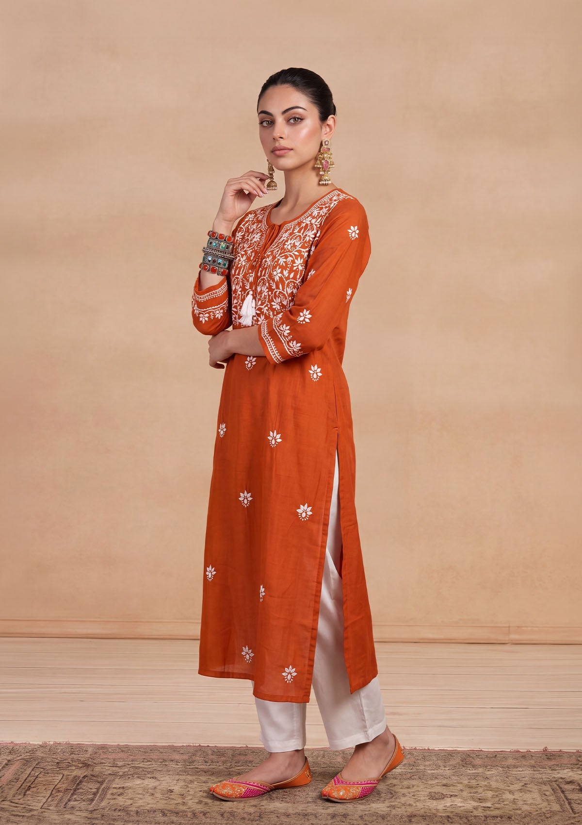 HOC Women Orange Chanderi Chikankari Kurta