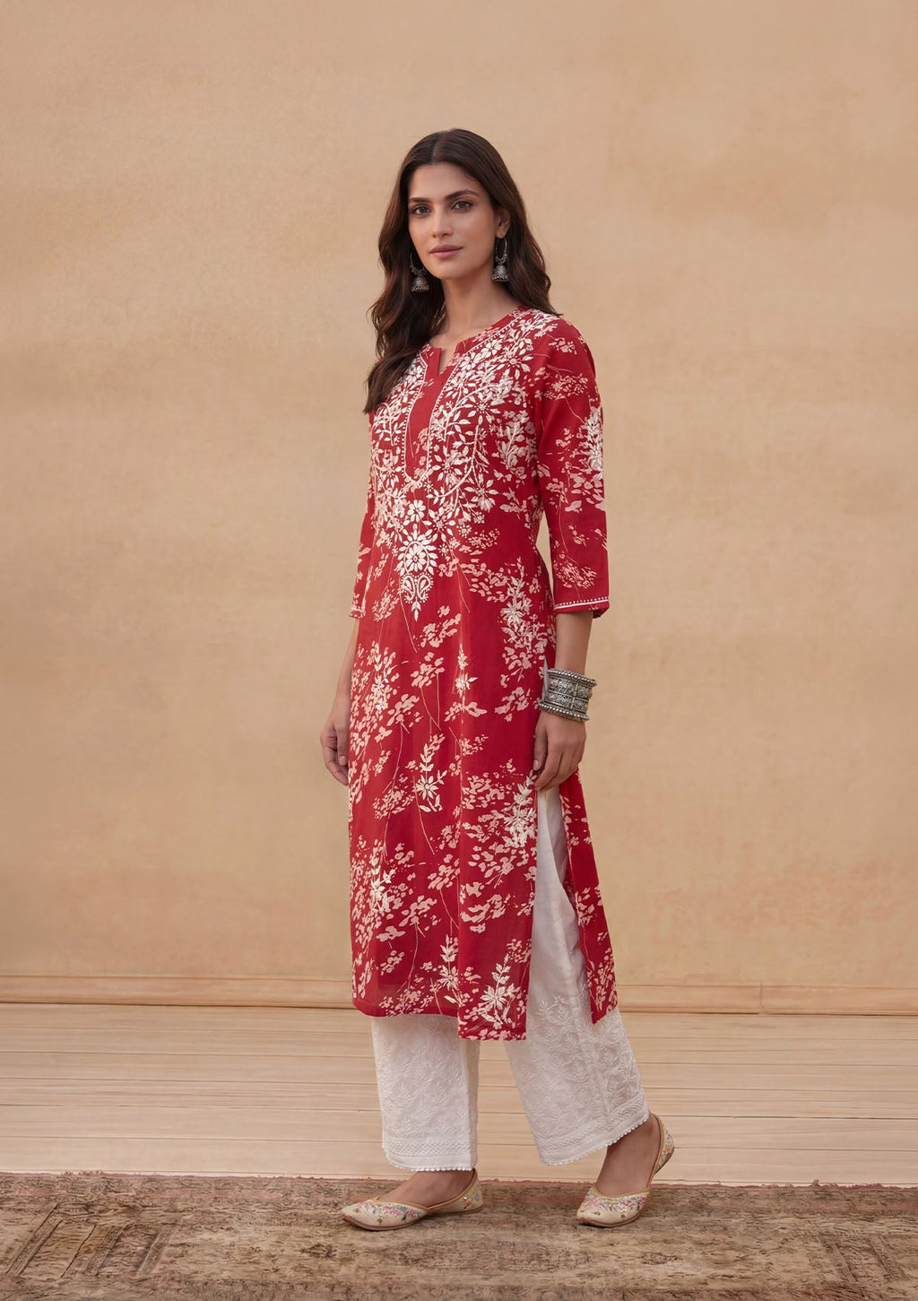Zainab Mulmul Chikankari Printed Straight Kurta - Red
