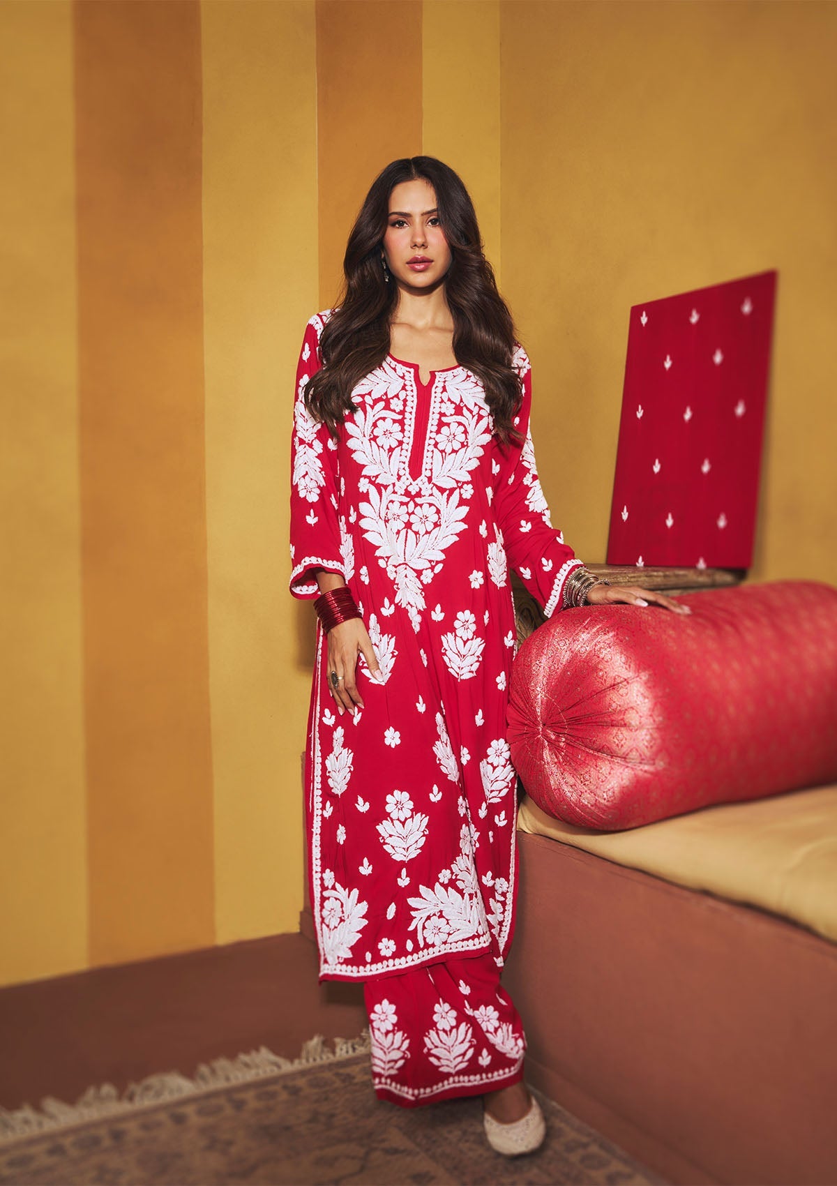 Sonam Red Chikankari Long Kurta Set