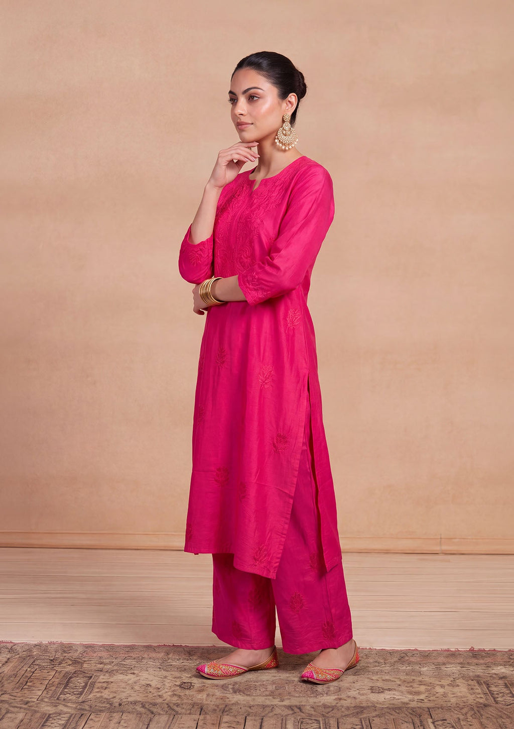HOC Chanderi Chikankari Solid Women's 2 PC Long Kurta Set - Fuchsia Pink