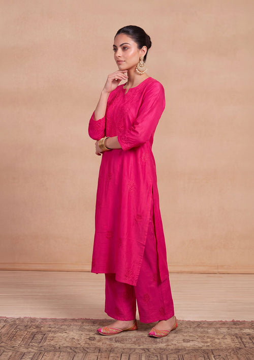 HOC Chanderi Chikankari Solid Women's 2 PC Long Kurta Set - Fuchsia Pink