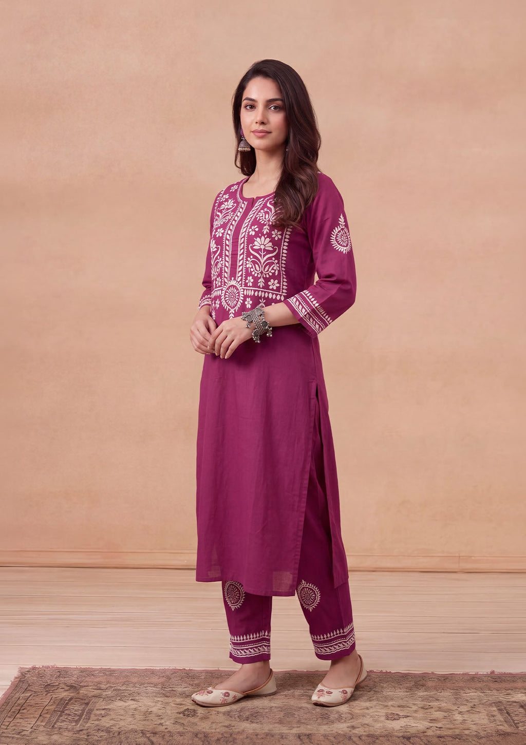HOC Soha Cotton Chikankari Solid Women's 2 PC Long Kurta Set - Maroon