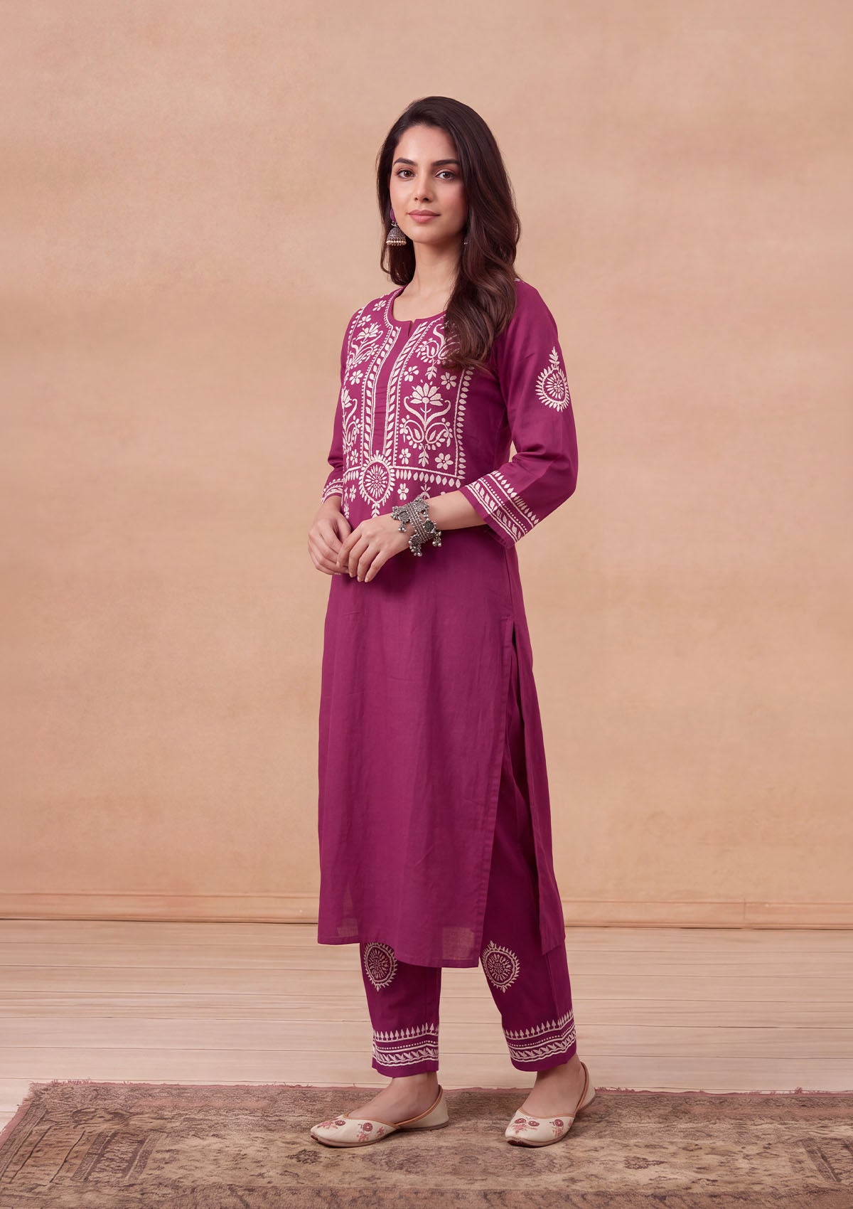 HOC Soha Cotton Chikankari Solid Women's 2 PC Long Kurta Set - Maroon