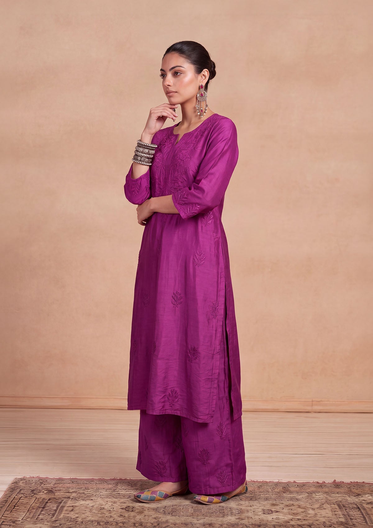 HOC Chanderi Chikankari Solid Women's 2 PC Long Kurta Set - Purple