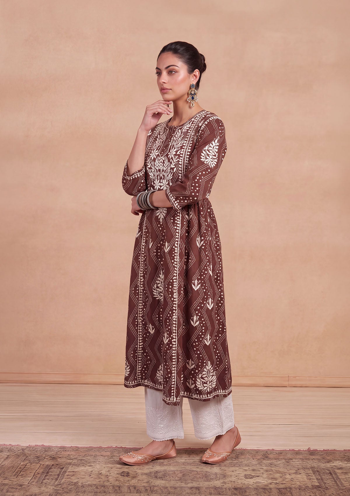 HOC Jugni Mulmul Chikankari Printed Women's Gown - Brown