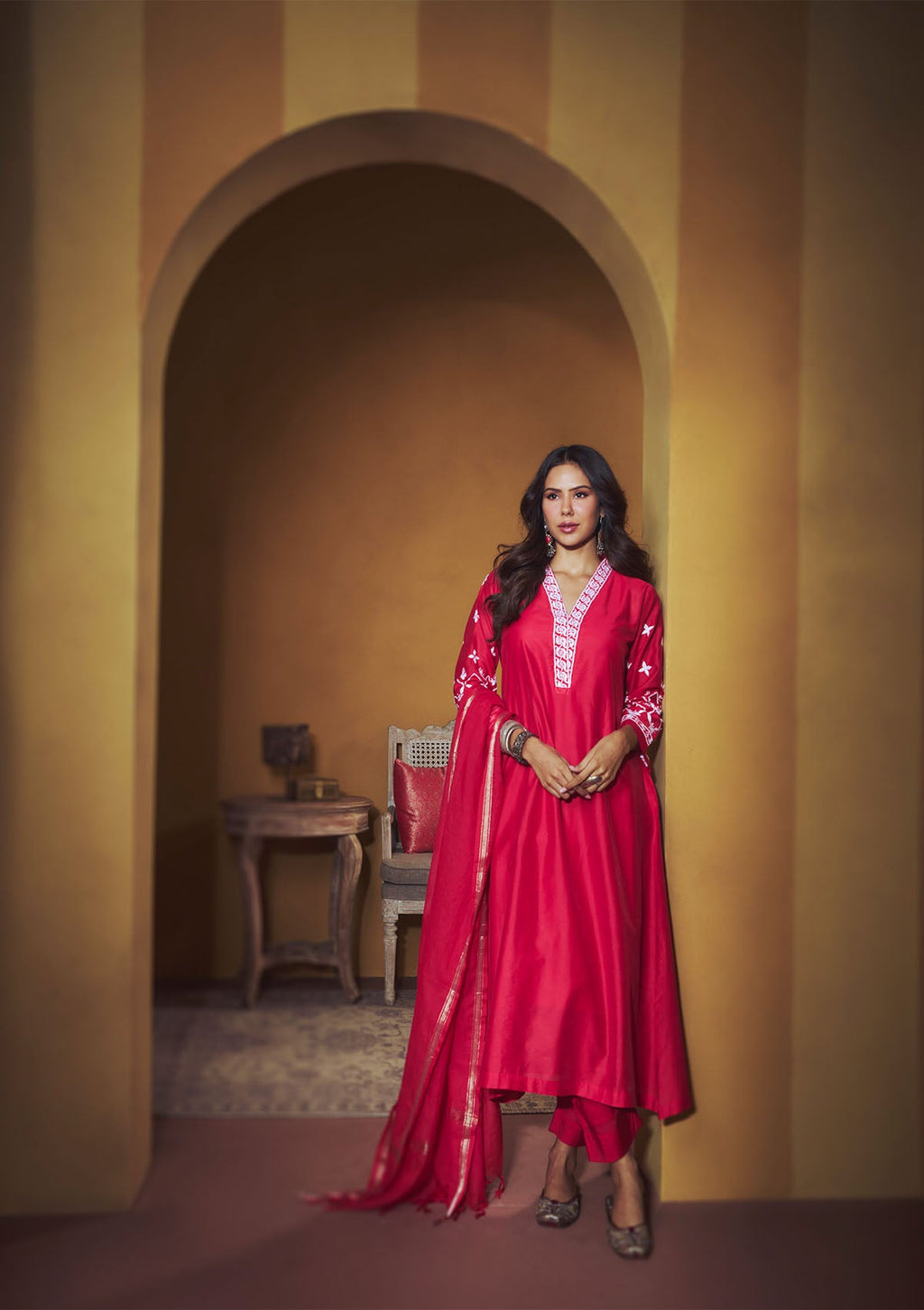 Sonam Red Chanderi Chikankari Kurta Set with Dupatta